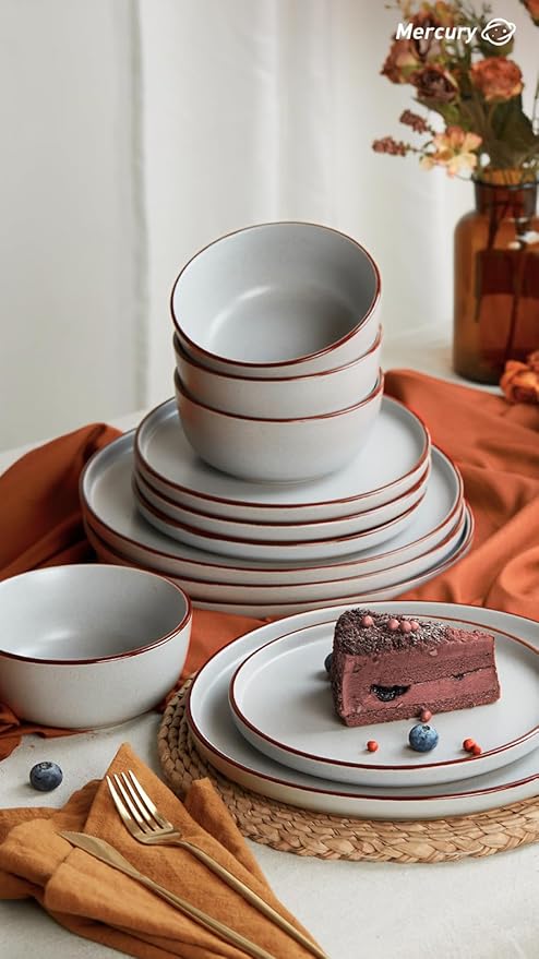 Famiware Mercury Plates and Bowls Sets, 12 Pieces Stoneware Dinnerware Sets, Dishes Set for 4, Microwave and Dishwasher Safe, Light Grey