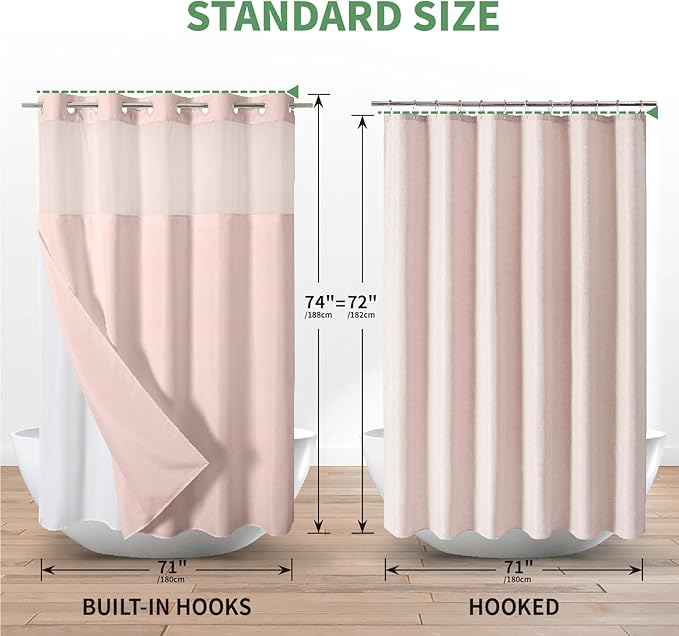 Blush No Hook Shower Curtain with Snap-in Fabric Liner Set,Slub Textured Fabric Shower Curtains for Bathroom,Hotel Style Modern Shower Curtain,Water Repellent & Washable,71x74(72)