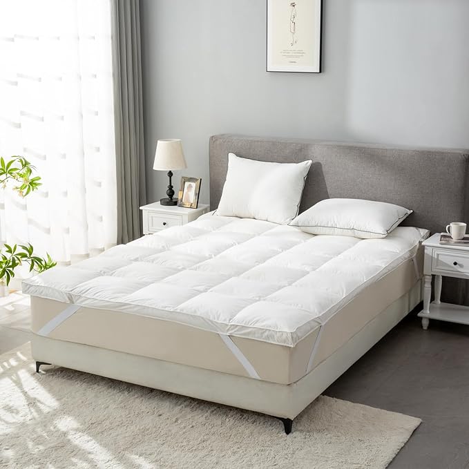 Goose Down Feather Mattress Topper,King Down Mattress Protector Cover with Straps,Plush Soft Fluffy Baffled Pillowtop,Hypoallergenic Featherbed Cooling Pad All-Season Luxury(78x80 Inch)