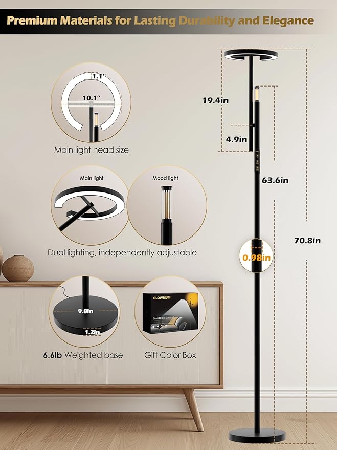 Smart Floor Lamp with APP, Therapy light floor lamp 10000 Lux,Sunlight lamp Stepless Dimmable 2700-6500K,LED UV-Free light therapy,Circadian Rhythm,Timer, Floor Lamp for Living Room Bedroom Office(H1)