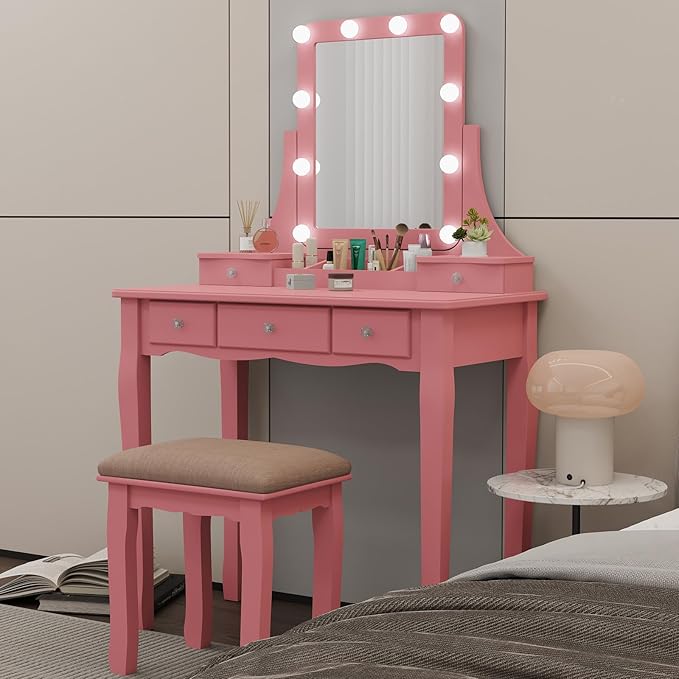 Vanity Desk with Mirror and Lights Makeup Vanity Desk with Lights Pink Vanity Table with Drawers and Chair Make Up Vanity with Lighted Mirror