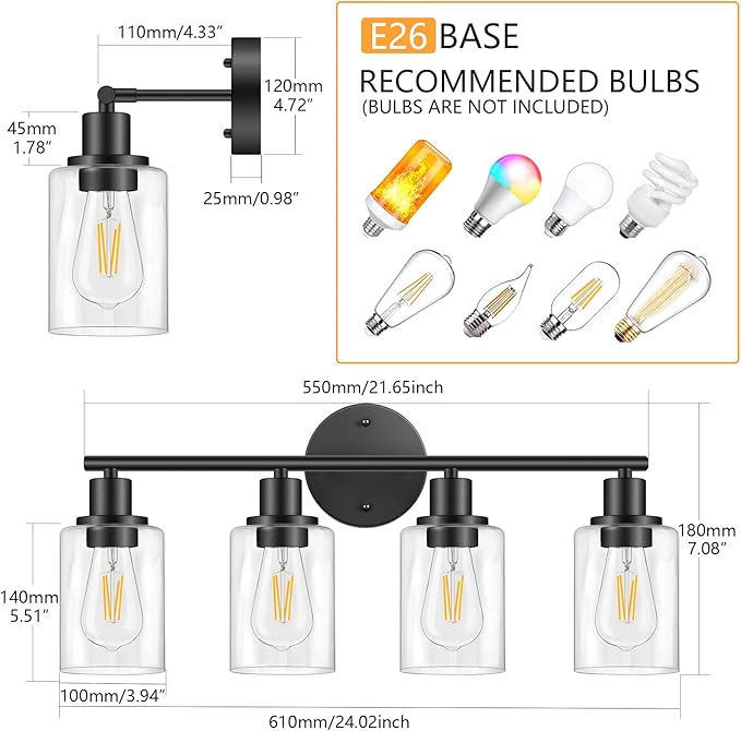 FOLKSMATE Bathroom Light Fixtures, 4 Light Matte Black Vanity Light, Vintage Wall Sconces Lighting, Modern Bath Wall Mounted Lights with Glass Shade
