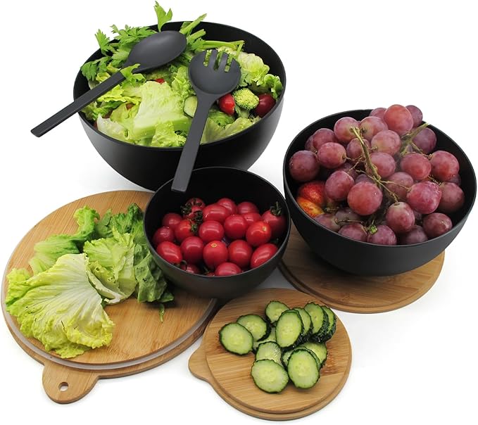 Salad Bowls Set of 3 with Seal Lid & Serving Utensils, Bamboo Fiber Mixing Bowls Set Large Serving Bowls & Storage Set with Bamboo Lid for Salad, Kitchen Eating, Pasta, Popcorn, Fruit, Black