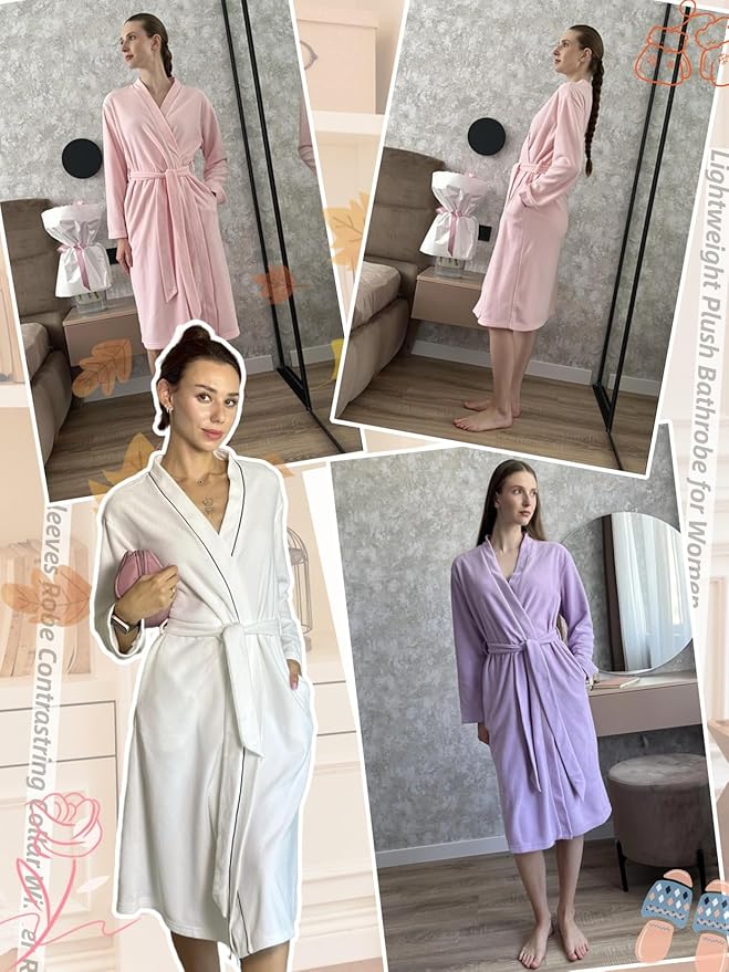 Ekouaer Robes for Women Long Sleeves Bathrobe V Neck Cozy Housecoat Lightweight Fleece Robe with Pockets S-XXL