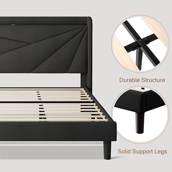 King Size Upholstered Bed Frame with Charging Station, Platform Bed Frame with Storage Headboard, Solid Wood Slats Support, No Box Spring Needed, Black