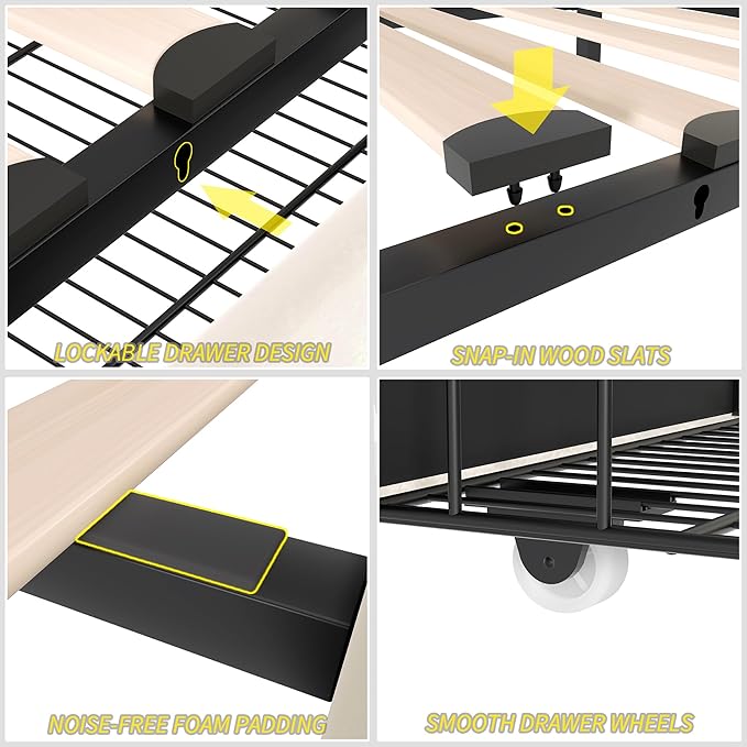 VECELO Full Size Upholstered Bed Frame with 4 Storage Drawers, Adjustable Velvet Rivet Decor Headboard, Wooden Slats Platform Support, No Box Spring Needed, Easy Assembly