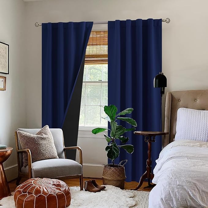 BGment Navy Blue 100% Blackout Curtains for Bedroom, Black Out Living Room 84 inch Panels with Thermal Liner, Rod Pocket and Back Tab Double Layer Room Darkening Drapes, 2 Panels,Each 38 x 84 Inch