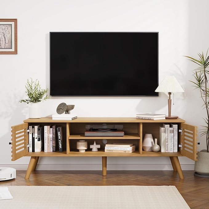 53" Mid Century Modern TV Stand for 50/55/60 inch TV, TV Media Console with Slatted Doors for TVs up to 60", Entertainment Center with Storage for Living Room, Bedroom, Oak