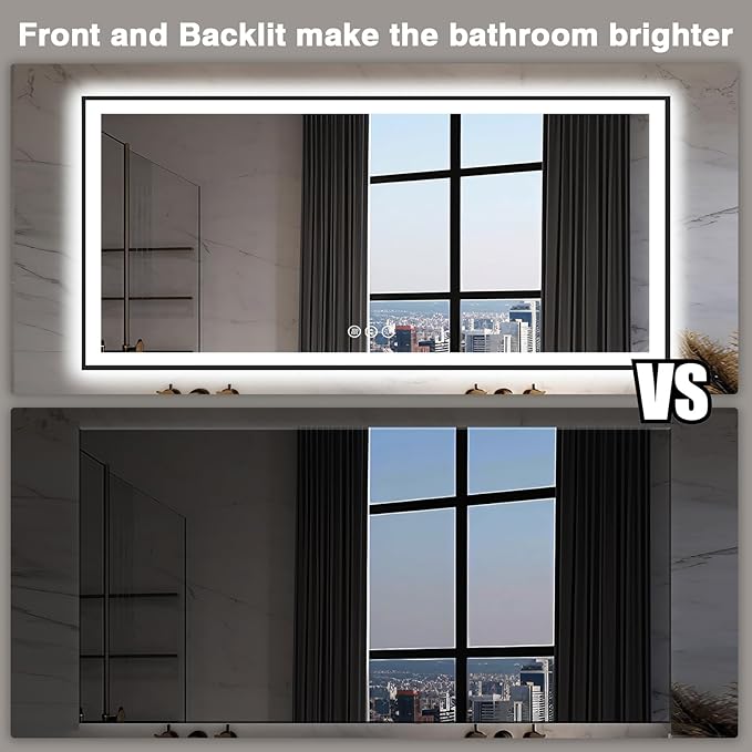 Large 84x40 Light Up Bathroom Mirror -Black Aluminum Edge (Front and Backlit), Anti-Fog Vanity Mirror with Lights,Stepless Dimmable Lighted Mirror,3 Colors Smart Mirror(Horizontal/Vertical)