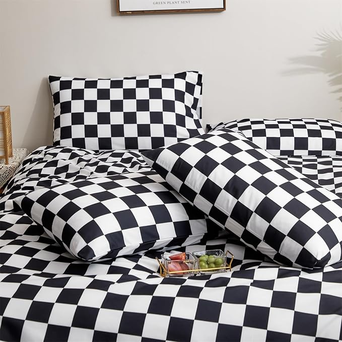 CLOTHKNOW Black White Plaid Full Size Comforter Sets 3Pcs Grid Bedding Comforter Sets Black White Comforter Soft Checkered Comforter with 2 x Pillow Cases
