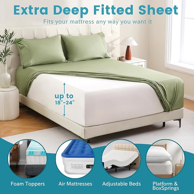 Bedlifes Queen Sheet Set, Extra Deep Pocket 18-24 Inches,1000Thread Count 100% Egyptian Cotton, Soft and Breathable Sateen 4-Piece,Olive Green