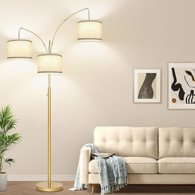 Dimmable Gold Floor Lamp, 3 Lights Arc Floor Lamps for Living Room, Modern Tall Standing Tree Lamp with White Shade & Heavy Base, Large Floor Lamp for Bedroom Office, 3x1000 LM LED Bulbs Included