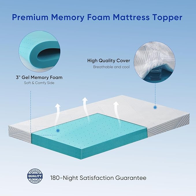 3 Inch Memory Foam Mattress Topper for College Dorm Bed - Twin XL Size | Extra Long Twin |High Density Cooling Bed Topper Pressure Relief with Removable & Washable Cover
