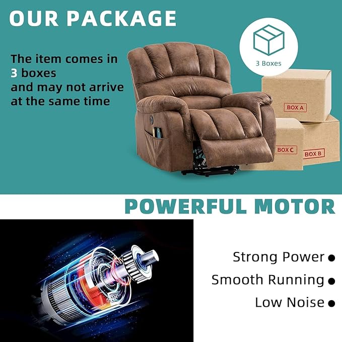 MEETWARM Tall Man Large Power Lift Electric Recliner Chair with Extended Footrest for Elderly, Overstuffed Wide Recliner with Heat & Massage, 2 Remote Controls, Side Pockets, USB Ports(Brown)