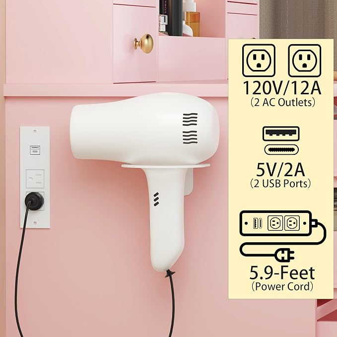 Vanity Desk with Mirror and Lights, Pink Vanity Mirror with Lights Desk and Chair &7 Drawers, Cabinets Makeup Vanity Table with with Stool for Bedroom 3 Lights Mode and Brightness Adjusted