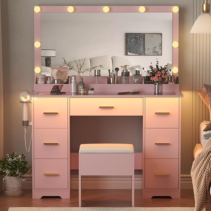 Makeup Vanity Desk with Large Lighted Mirror and Lights, Glass Top Vanity Table Set with 7 Drawers, Power Outlet & Storage Stool, Dressing Table with RGB Ambient Light for Women Girls Bedroom, Pink