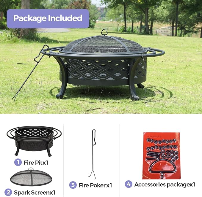 Panovue 42 Inch Outdoor Fire Pit with 2 Loops,Crossweave Wood Burning Fire Pits for Outside,with Spark Screen,Fire Poker,Round Metal Firepit for Patio,Backyard,Beach,Camping,Bonfire(42''Black)