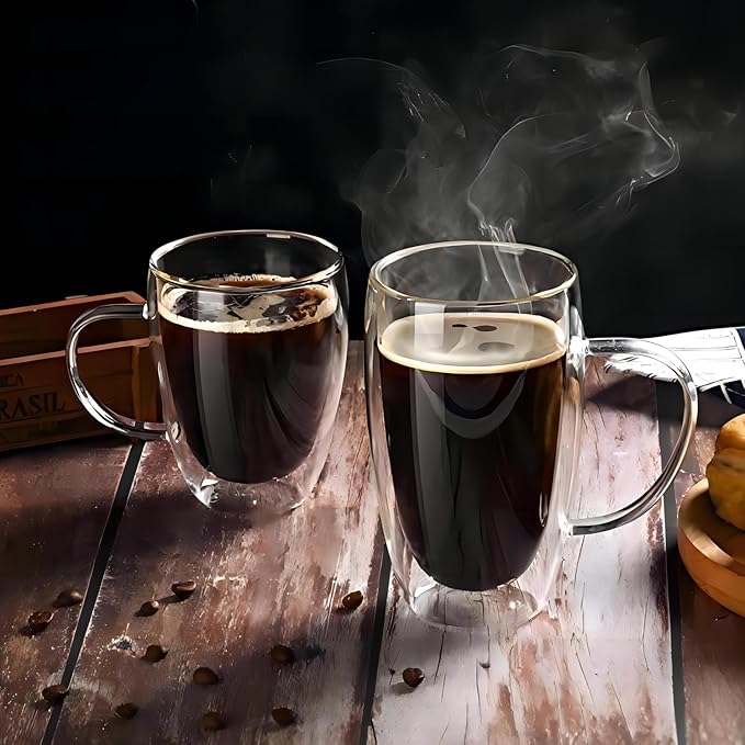 Espresso Cups Set Of 2, Double Walled Glass Coffee Mugs with Handle,Insulated Layer Coffee Cups,Clear Borosilicate Glass Mugs,Perfect for Cappuccino,Tea,Latte,Espresso (15oz-2Pack)