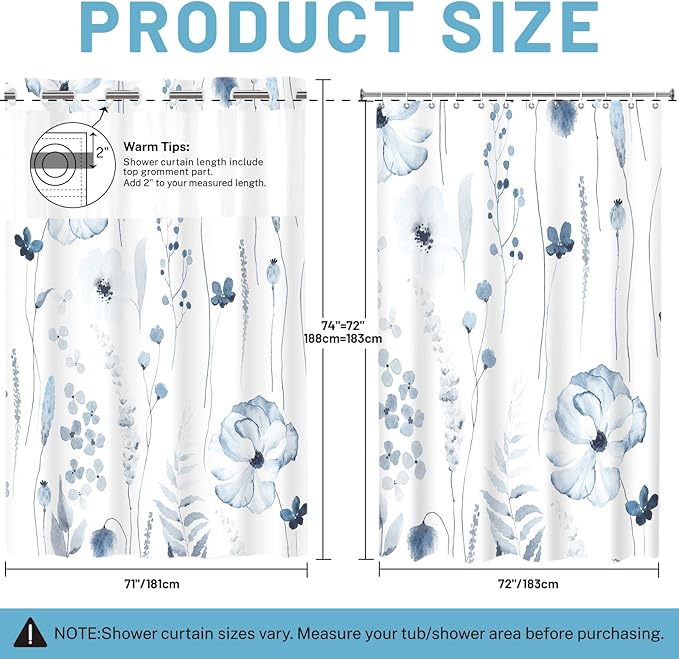 No Hook Shower Curtain with Snap in Liner - Floral Shower Curtain - Fabric Waterproof Inner Liner, Plants Watercolor Moonlight Blue Modern Cloth Shower Curtains - Machine Washable, 71 x 74