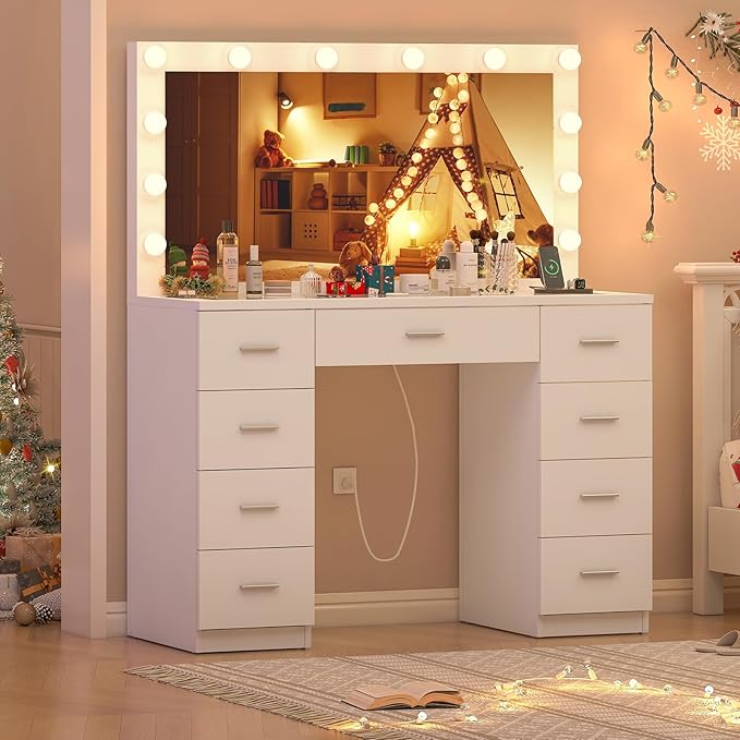 Quimoo Vanity Desk with Large Lighted Mirror and Power Outlet, 46" Makeup Vanity with 9 Drawers and Glass Desktop, Vanity Table with 12 LED Lights, 3 Lighting Color Adjustable, White