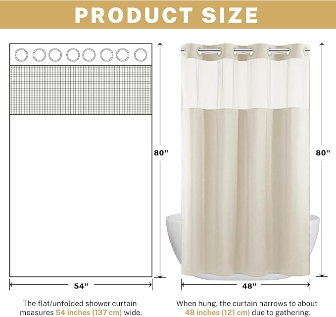 Small No Hook Shower Curtain with Snap in Liner, Polyester Textured Shower Curtain with Liner Set, Waterproof Washable Hotel Style Shower Curtains for Bathroom, 54Wx80H, Cream