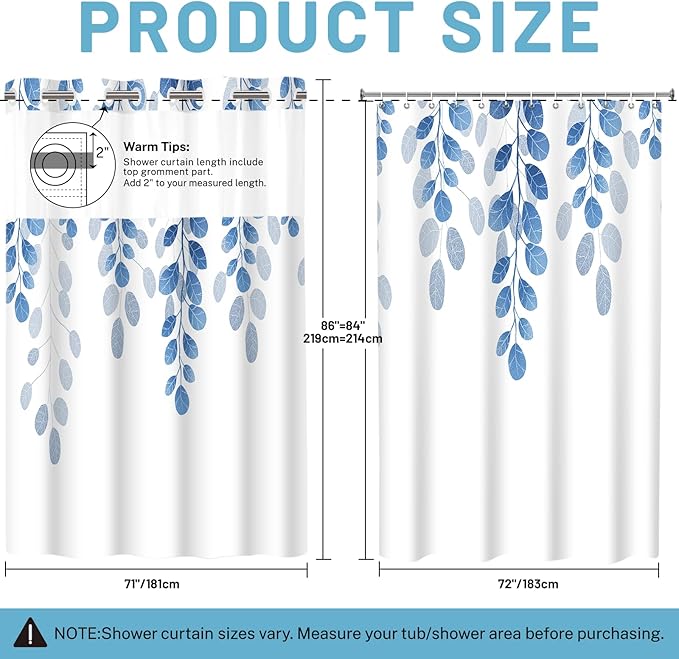 No Hook Shower Curtain with Snap in Liner - Eucalyptus Shower Curtain - Fabric Waterproof Inner Liner, Plants Blue Leaves Farmhouse Cloth Shower Curtains - Machine Washable, 71 x 74 Inch