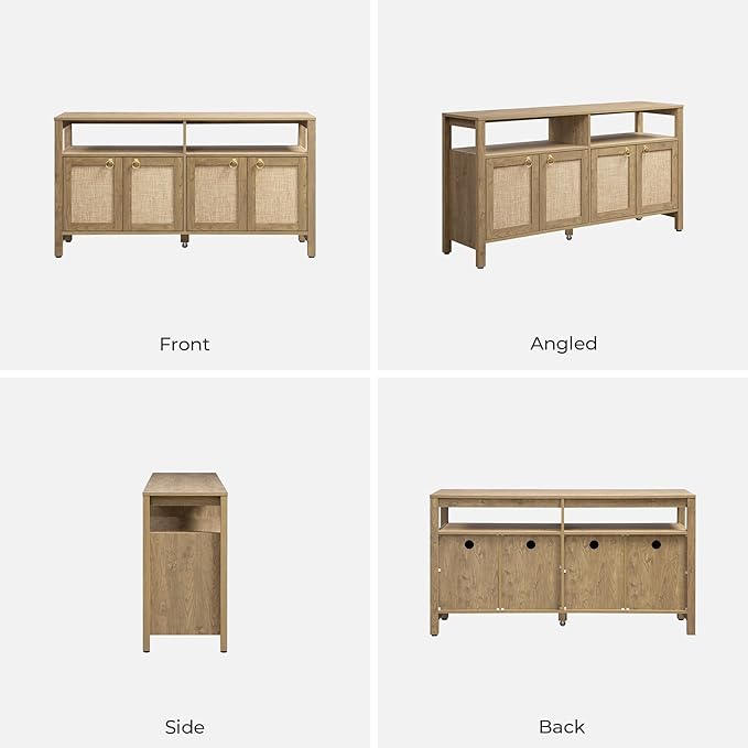 SICOTAS Rattan TV Stand for Television up to 65 Inch - 29.5" Tall Entertainment Center with Storage and Open Shelves,Boho Media TV Console Cabinet with 4-Doors and Adjustable Shelf for Living Room