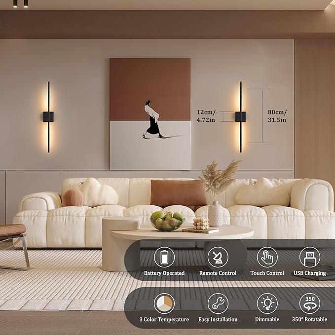 Battery Operated Wall Sconce Set of 2, 10400mAh Rechargeable Wall Lights, 3000K-6000K Dimmable, 350°Rotate, Indoor Wall Sconces with Remote for Bedroom Living Room Bathroom, Black, 31.5 Inch