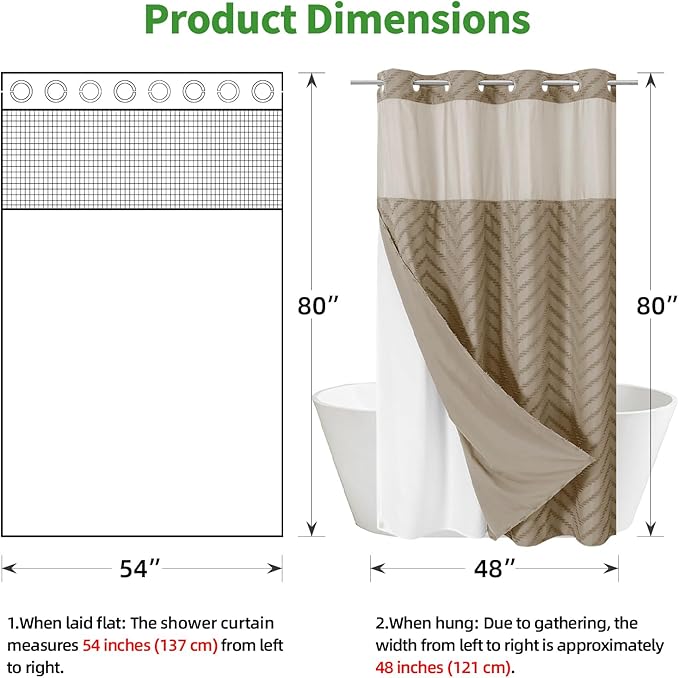 No Hook Boho Farmhouse Shower Curtain with Snap-in Fabric Liner set-54Wx80H(78H),Beige Tufted Chevron Striped Hotel Grade Cloth Shower Curtains for Bathroom with Window,Water Repellent