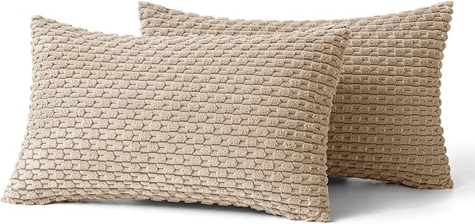 MIULEE Throw Pillow Covers Soft Corduroy Decorative Set of 2 Boho Striped Pillow Covers Pillowcases Farmhouse Home Decor for Couch Bed Sofa Living Room 12x20 Inch Tan