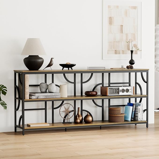 70.9-Inch Industrial Sofa Table, Extra Long Console Table Behind Couch with 3-Tier Storage Shelves, Rustic Brown Finish for Entryway, Living Room, Foyer, Hallway, and Office