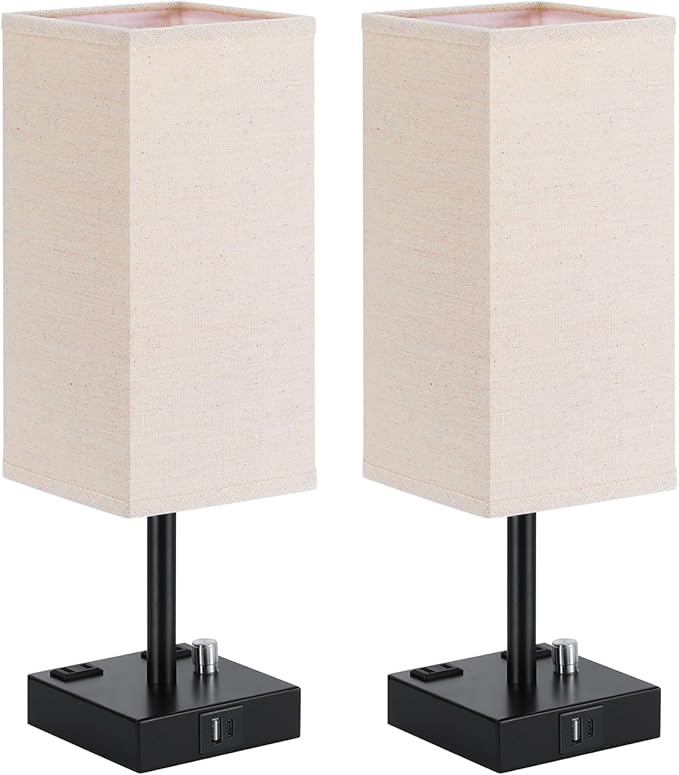 Fully Dimmable Nightstand Lamps Set of 2 - Table Bedside Lamp with USB C+A Charging Ports & 2 AC Outlets, Square Lamp Sets Linen Fabric Shade for Bedroom Living Room(Bulb Included)