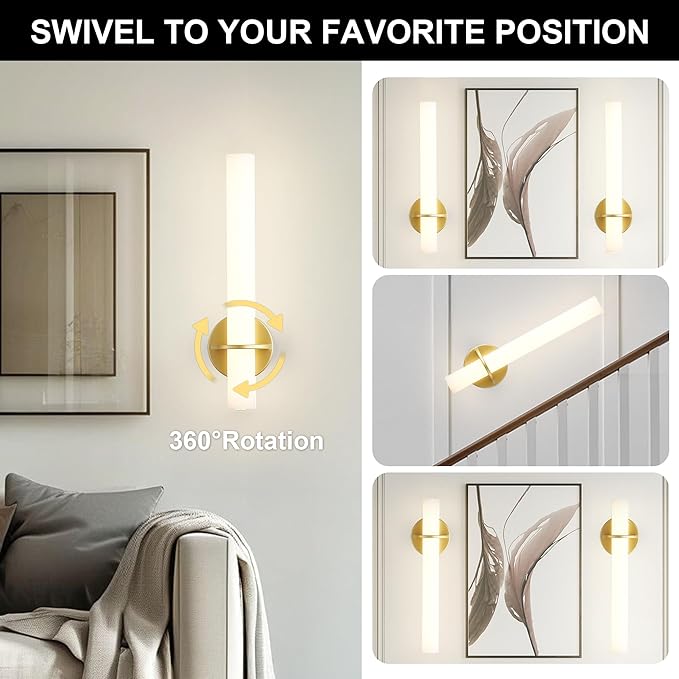 Gold Battery Operated Sconce Set of 2, Rechargeable Wireless Wall Lights with Remote Control,Dimmable,3000K-6000K,360° Rotation, Cordless Lighting for Living Room,Bedroom,Hallway,18 Inch