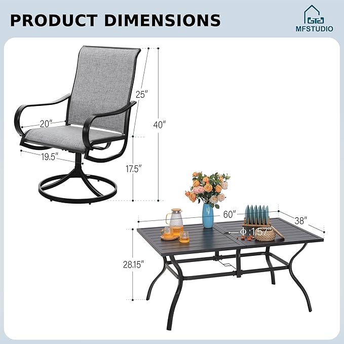 MFSTUDIO Patio Table and Chairs Set, Outdoor Dining Sets for 6 with Umbrella Hole, 7 Piece Outdoor Patio Furniture Set for Deck, Backyard, Poolside & Garden