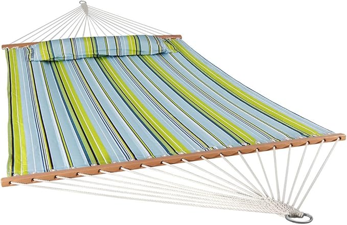 Sunnydaze Quilted Outdoor Hammock with Spreader Bars - Heavy-Duty 450-Pound Capacity Double Hammock for Outside - Blue and Green