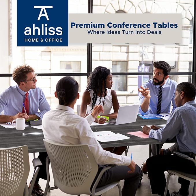 Sturdy Conference Table with Cable Management Grommets Modern Rectangle Office Meeting Table with Wood Tabletop and Metal Frame & Legs- Easy Assembly Boardroom Table (Grey, 10 Foot)