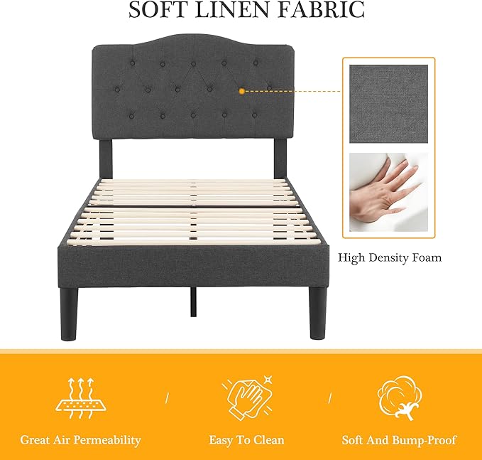 VECELO Twin Size Platform Bed Frame with Fabric Upholstered Headboard and Wooden Slats Support, No Box Spring Needed/Easy Assembly,Grey