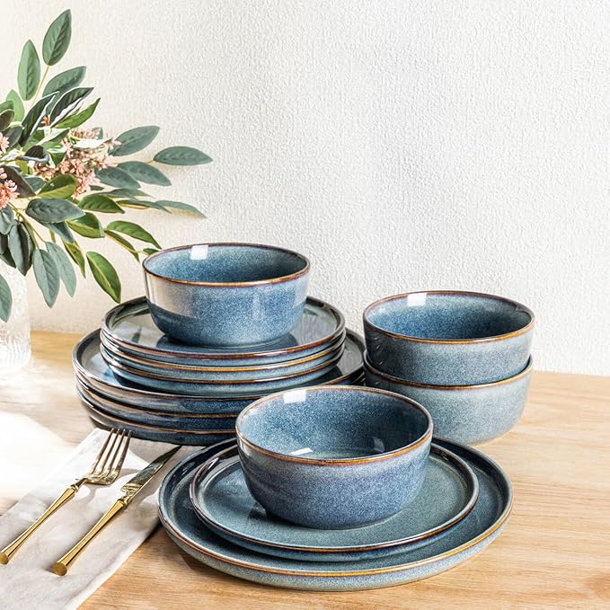 AmorArc Ceramic Dinnerware Sets for 4,Round Reactive Glaze Stoneware Plates and Bowls Set,Highly Scrath Resistant Dishware | Dishwasher & Microwave Safe Dishes Set,Service for 4 (12pc)