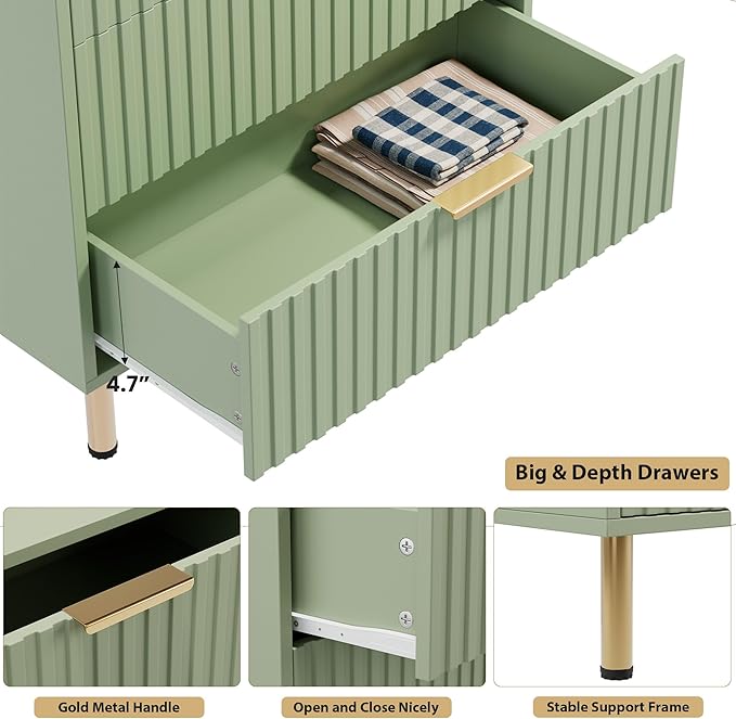 5 Drawer Dresser for Bedroom, 48" Tall Modern Chest of Drawers with Deep Drawers and Wide Top, Fluted Wooden Dresser Organizer for Living Room, Hallway, Kids Room, Green