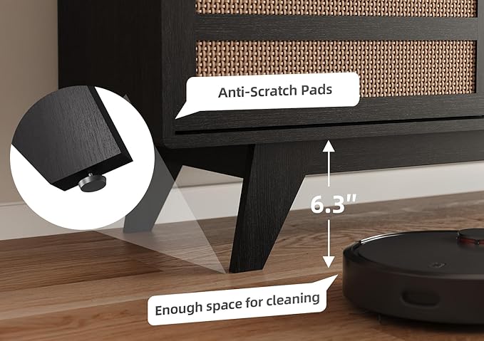 Claiks Boho TV Stand for 70 Inch TV, Modern TV Console with 2 Rattan Storage Cabinets & Adjustable Shelf, Woven TV Stand for Living Room, Black