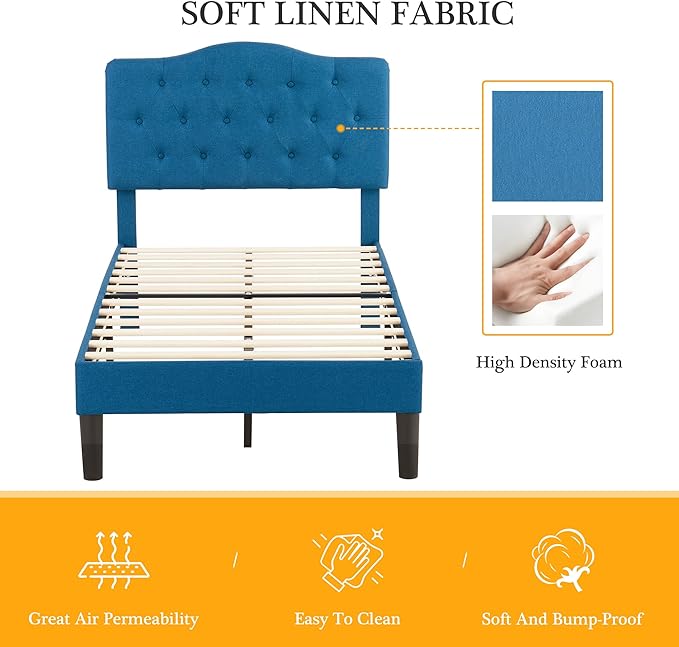 VECELO Twin Size Platform Bed Frame with Fabric Upholstered Headboard and Wooden Slats Support, No Box Spring Needed/Easy Assembly,Blue