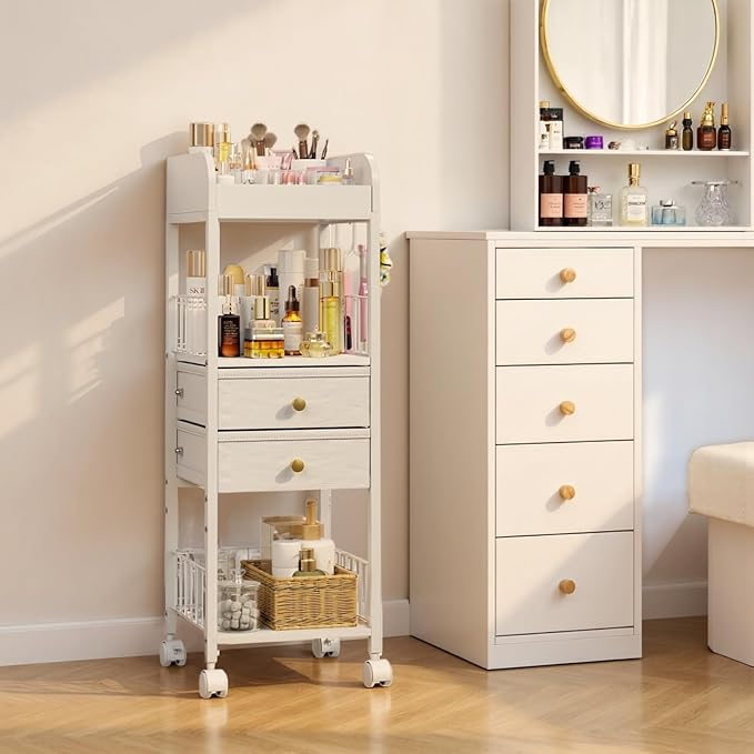 Floor Makeup Organizer with Lockable Wheels & 8 Dividers, 2-Drawer Rolling Skincare Cart for Cosmetics/Perfume/Nail Polish, Mobile Vanity Storage - White (Bathroom/Bedroom Use)