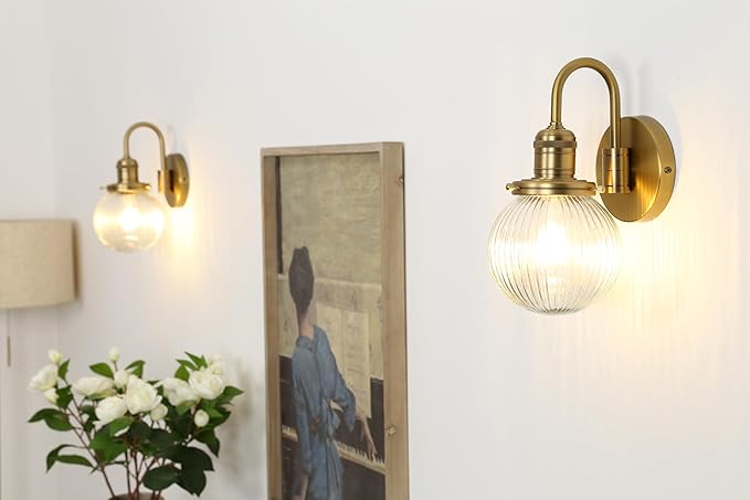 Industrial Vintage Gooseneck 1-Light Wall Sconce with 5.9" Round Ribbed Clear Glass Globe Lampshade Indoor Wall Mounted Lamp Fixture for Bedroom Living Room Bathroom Vanity