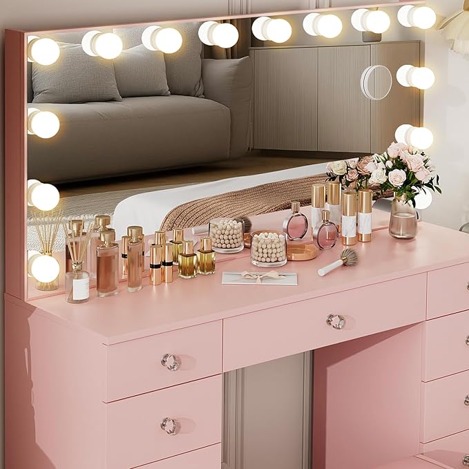 VOWNER Vanity with Lighted Mirror - Makeup Vanity Desk with Lights and 11 Drawers, 3 Color Lighting Modes Adjustable Brightness, 46" Makeup Desk with Soft Cushioned Stool for Bedroom, Pink