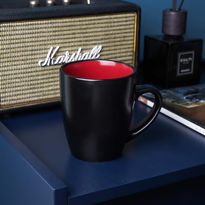 Stone Lain Stoneware Dish Set, 4 Mugs, Albie - Red and Black