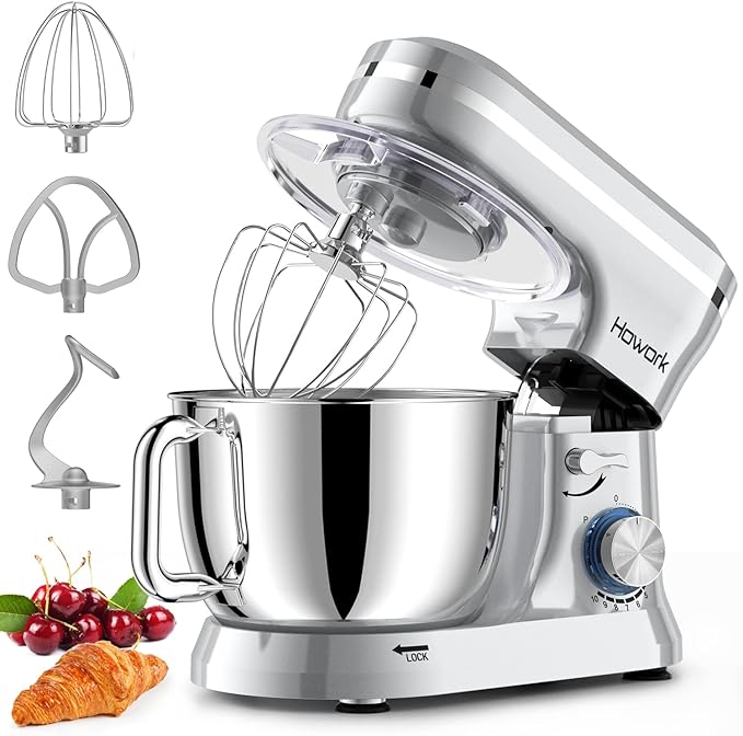 HOWORK Electric Stand Mixer,10+p Speeds With 6.5QT Stainless Steel Bowl,Dough Hook, Wire Whip & Beater,for Most Home Cooks,Silver