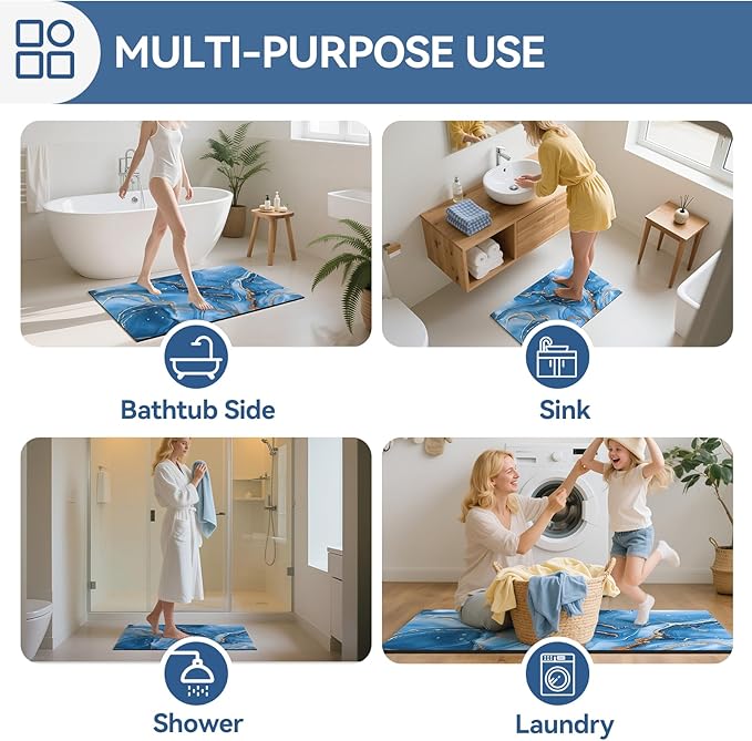 Non Slip Bath Mat Ultra Thin Bathroom Rug Fit Under Door, Rubber Backing Quick Dry Super Absorbent Washable Shower Bath Mats Blue 16x24