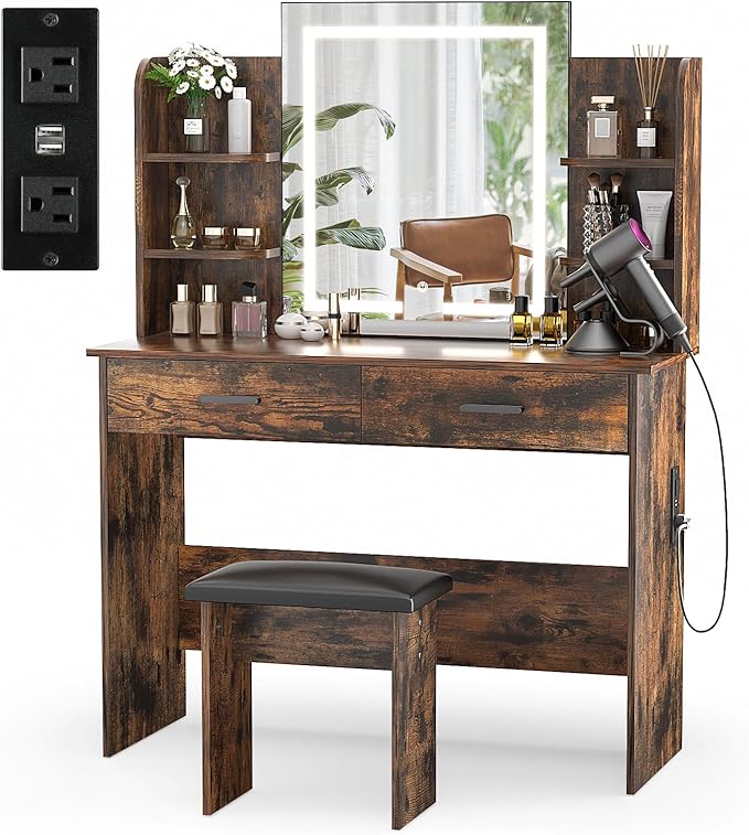 SMOOL Vanity with Lighted Mirror, Makeup Vanity Desk with Power Outlet, 3 Color Light Options Adjustable Brightness, Vanity Table with 6 Storage Shelves, 2 Large Drawers and Cushioned Stool, Rustic
