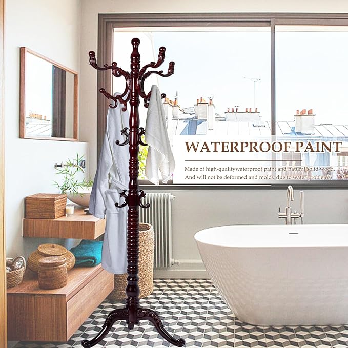 Wood Coat Rack Freestanding, Natural Coats Tree Stand with 14 Hooks, 73" Sturdy and Easy Assembly Coat Rack Stand for Entryway, Hallway, Bedroom, Bags, Hats (Tri-legged Base, Rosewood)