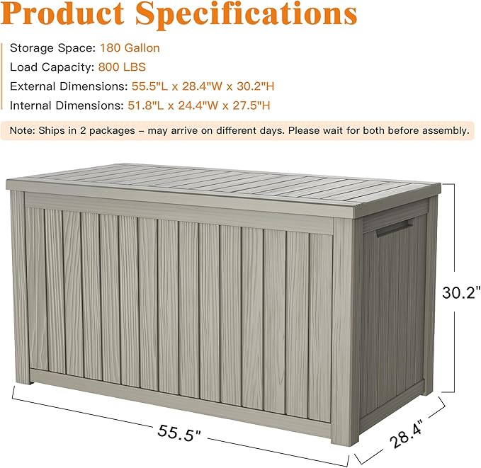 180 Gallon Outdoor Storage Box, Waterproof Deck Box with Handles and Lockable Lid, Resin Patio Storage Box with Hydraulic Rods for Garden Tools, Cushions, Grey